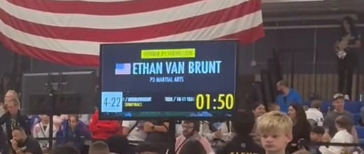 The Ring 4 scoreboard after the semifinal: Winner by submission, Ethan Van Brunt, P3 Martial Arts, with 1:50 on the clock